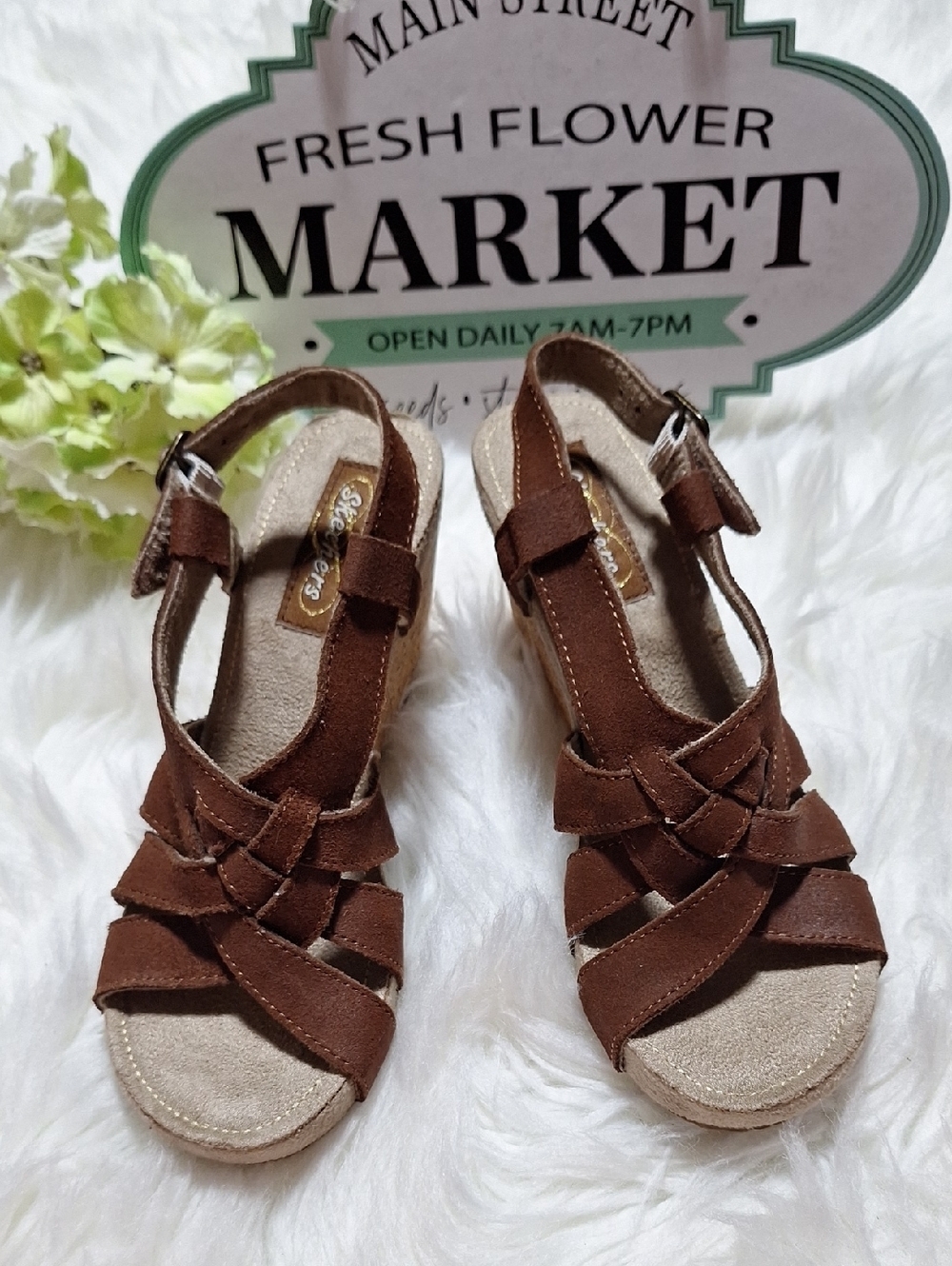 Skechers Brown Suede  Cork Wedge Sandals with Ankle Strap